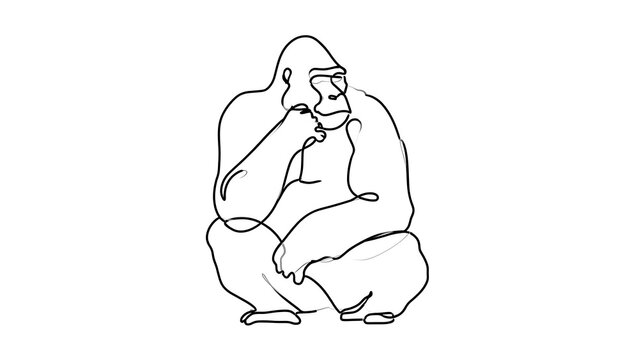 Thinking gorilla illustration white background.