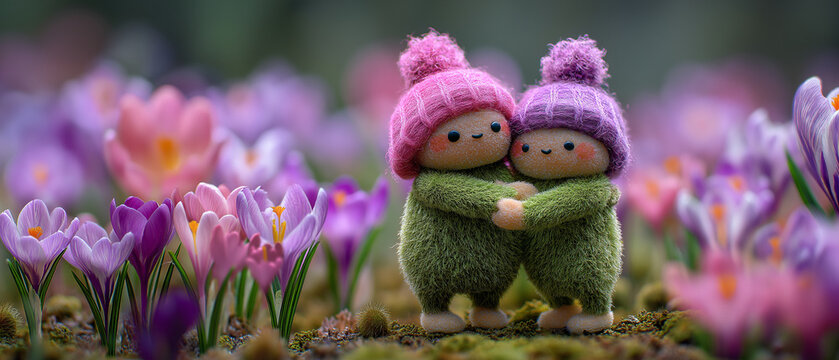 two cute little moss creature huging wearing pink and purple hats