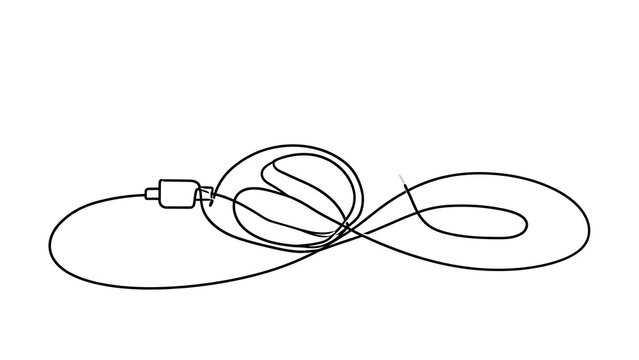 Tangled black cord with plug on white background.