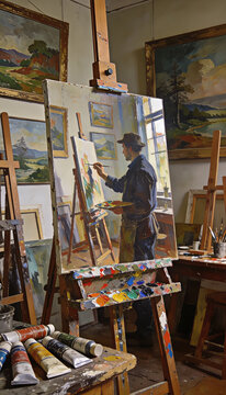 quadro surreale nel quale il pittore dipinge se stesso con olio su tela, surreal painting in which the painter paints himself with oil on canvas