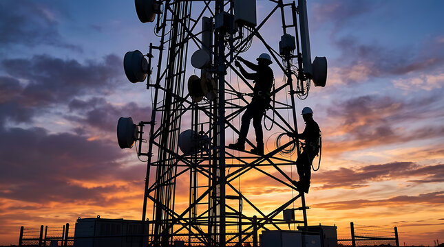 Telecommunication technicians climbing a cell tower for maintenance at sunset
