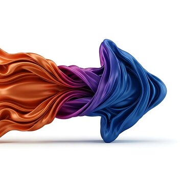Abstract 3D arrow icon made of flowing silk fabric with a vibrant gradient color transition