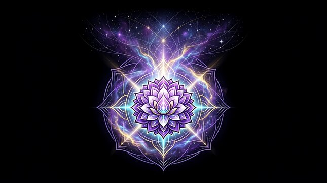 Radiant cosmic lotus flower with sacred geometry and stars