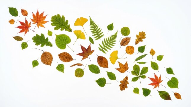 A collection of various autumn leaves arranged in a scattered pattern on a white background.