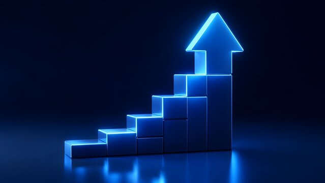 Blue glowing ascending block chart with upward arrow representing financial growth strategy and digital business success metrics