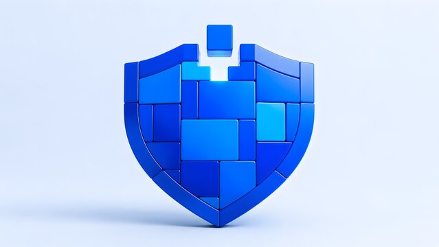 3D blue digital shield icon composed of modular blocks representing high level cyber security data protection and privacy guard