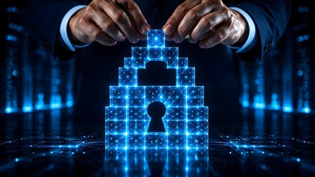 Businessman hands assembling glowing digital lock icon with blocks for secure cybersecurity defense and privacy access control