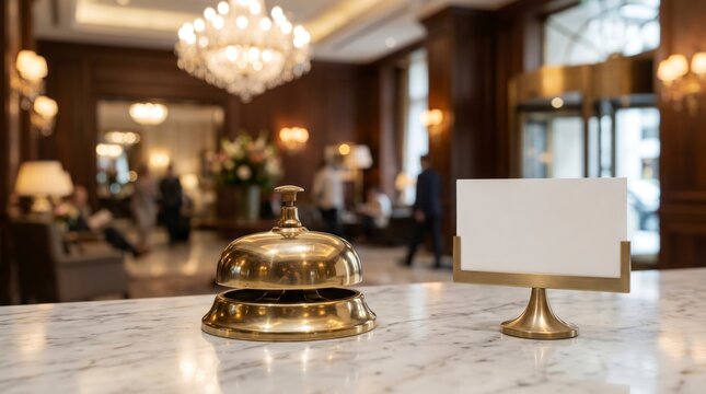 Luxury hotel reception desk with a polished concierge bell in the foreground and a white plaque beside it