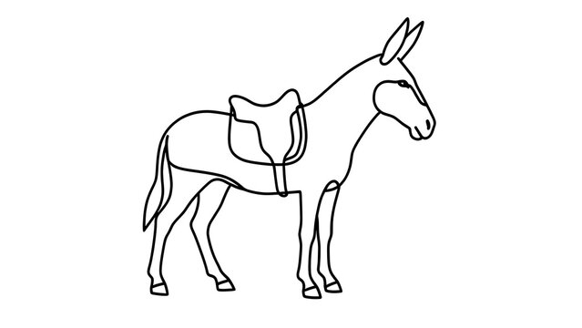 Simple line drawing of a donkey with saddle white background.