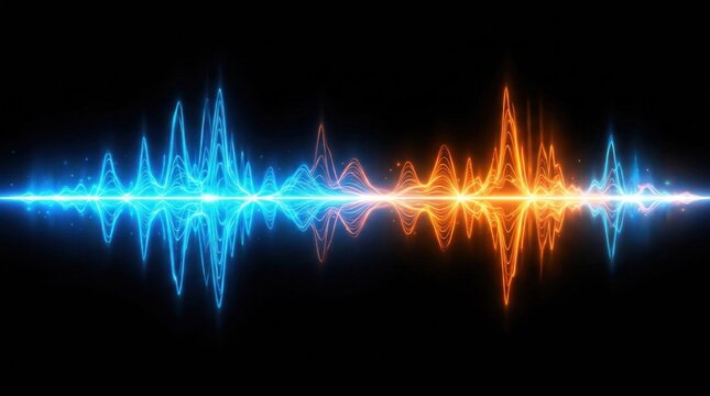 A colorful sound wave with blue and orange lines against a black background, representing audio frequency patterns.