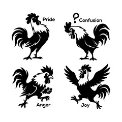 Rooster character set with 4 emotional expressions, black and white chicken mascot icons showing pride, confusion, anger, and joy, farm animal vector © StyleGraphicArt