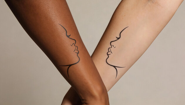 Close-up image showing two arms with identical minimalist tattoos. The clean and simple design emphasizes intimacy, symmetry, and modern graphic aesthetics. The theme is couple and love.