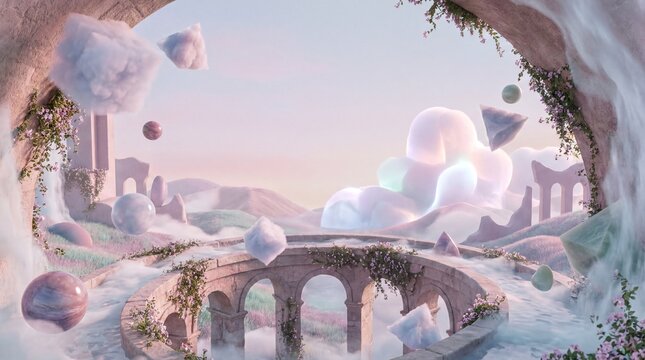 Surreal art composition, a surreal dreamscape filled with whimsical floating shapes and soft pastels