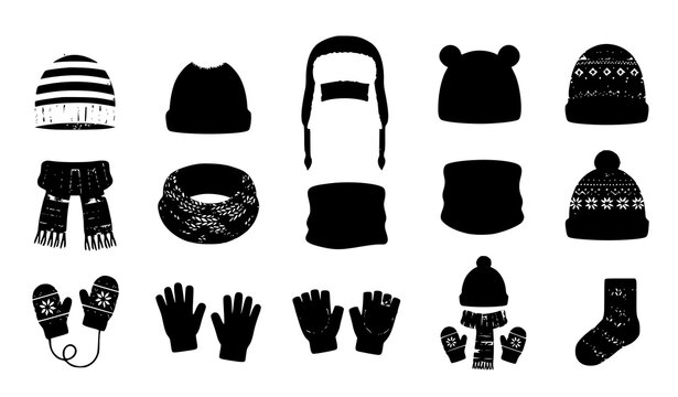 Winter Accessories Black Silhouette Vector Set with Knitted Beanies Striped Hats Circular Snoods Scarves Patterned Mittens Gloves and Socks for Cold Weather