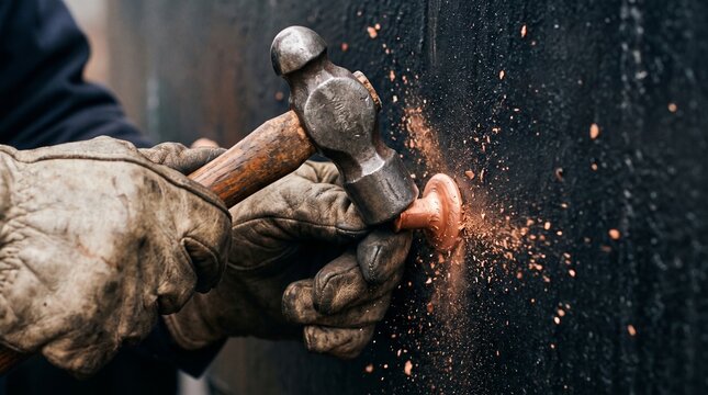 Close-up of a worker in gloves hammering a metal rivet, generating bright sparks against a dark background. Captures industrial craftsmanship and manual labor.