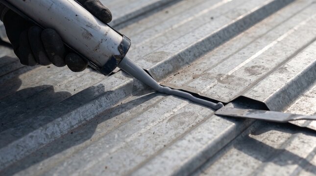 Close-up of a worker's gloved hand applying waterproof sealant with a caulk gun to a corrugated metal roof seam. Essential for roofing maintenance, repair, and weatherproofing.