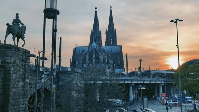 Evening light in Cologne Germany with sunset over the city and historical buildings