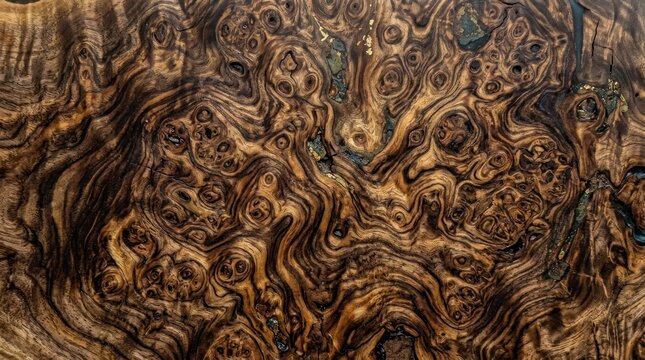 A close-up of a burl walnut wood surface with intricate patterns and natural variations in color and texture.