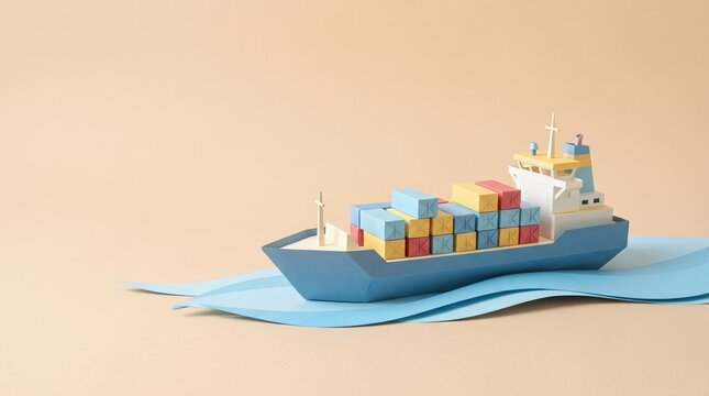 Colorful Paper Model of Cargo Ship on Blue Waves Against Soft Beige Background