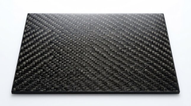 A black carbon fiber panel with a geometric pattern, placed against a white background.