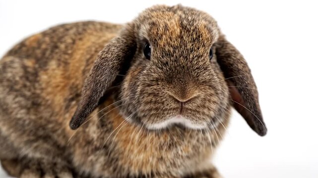 Adorable Brown Lop-Eared Rabbit Sitting and Looking Curiously on White Background