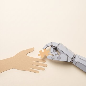 Human hand reaching out to robotic hand holding a puzzle piece on neutral background
