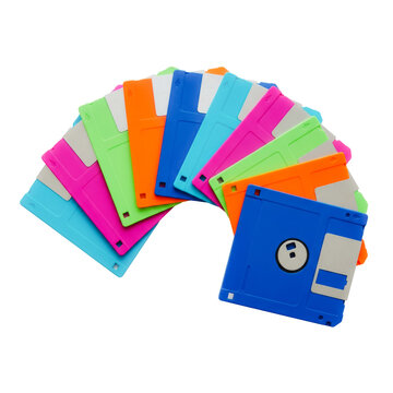 Colorful floppy disks arranged in a fan shape