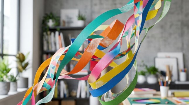 A colorful, abstract paper windsock with multiple colors and patterns, hanging in an office setting with plants and office supplies.