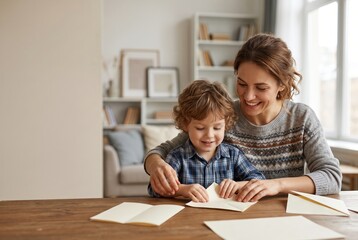 Fototapeta premium Mother helping young son with paper craft at home