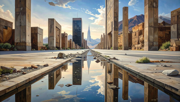 Modern City Reflection with Water Canal
