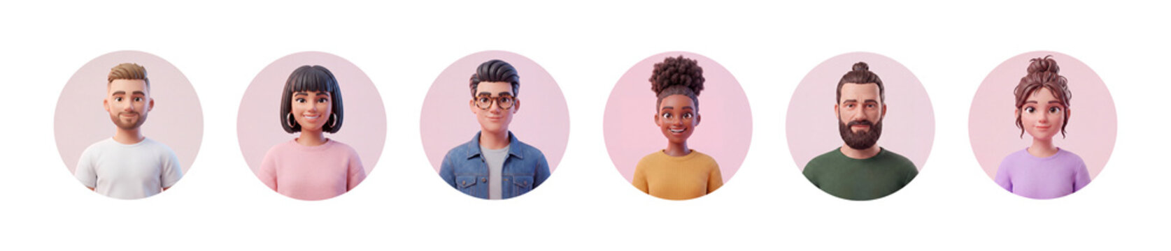 3d people avatar icon set, diverse casual characters in circles, man and woman pack. 3d rendering. Png transparent background