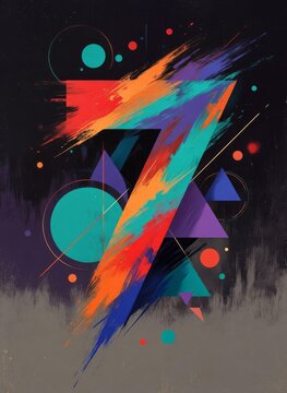 Illustrazione astratta e dinamica del numero 7 con forme geometriche e pennellate di vernice vivace