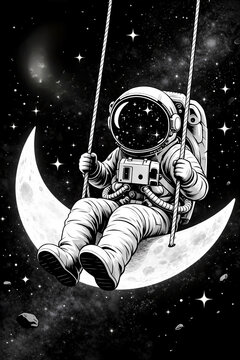 immagine surreale di un'astronauta seduto sulla falce di luna, surreal image of an astronaut sitting on the crescent of the moon