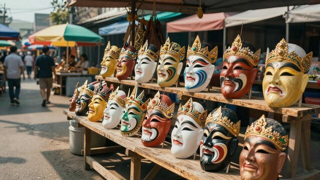 Colorful traditional Thai masks for Phi Ta Khon festival displayed on wooden shelves in a bustling outdoor market with pedestrians walking by.