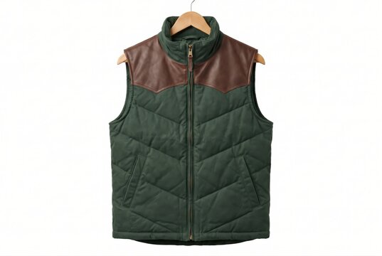 Green quilted puffer vest with brown leather yoke on wooden hanger