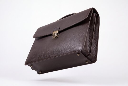 Brown leather briefcase floating on white background commercial style