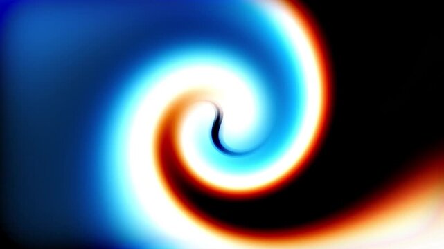 Abstract dark background with glowing blue and orange spiral vortex swirl motion. Vibrant dynamic thermal neon fluid light wave layout for technology energy motion concept video