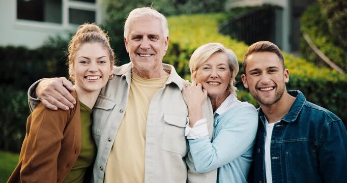 Face, family and outdoor with senior parents for laugh, happiness and bonding in backyard. Portrait, happy mother and father with adult offspring by house for love, care and healthy relationship
