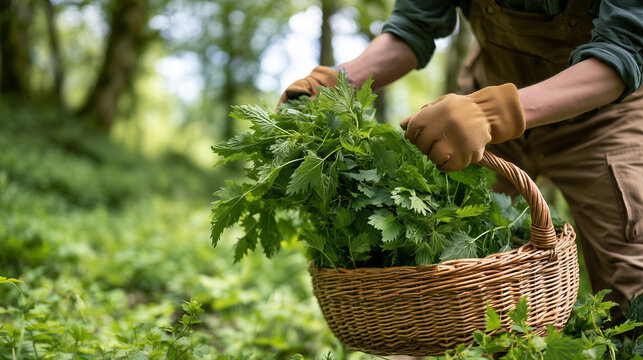 Freshly harvested stinging nettle leaves collected in wicker basket during spring foraging in forest	
