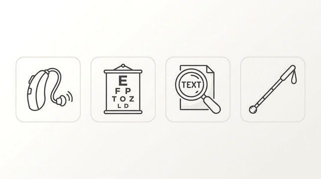 Linear icons representing accessibility and visual impairment assistance tools like hearing aid eye chart text magnifier and white cane for healthcare UI design.