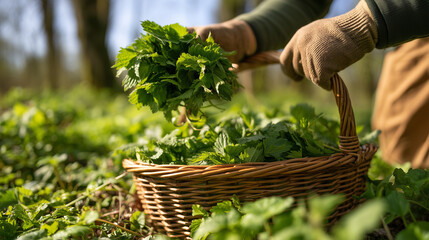 Fototapeta premium Freshly harvested stinging nettle leaves collected in wicker basket during spring foraging in forest