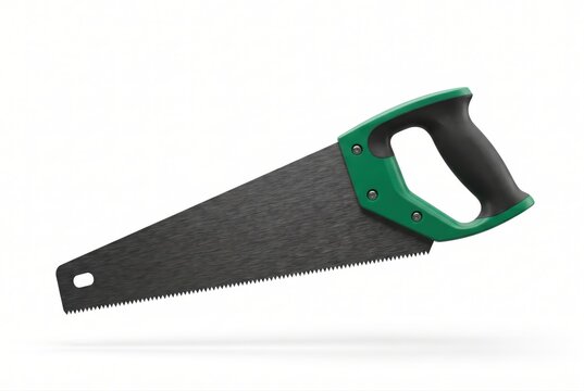 Hand saw tool with green handle isolated on white background render