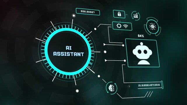 Futuristic HUD display interface featuring AI Assistant concept with glowing cyan graphics, robot avatar, and digital analytics UI