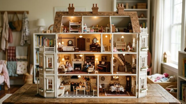 A detailed, intricately designed dollhouse with multiple rooms, furniture, and accessories, situated in a cozy, well-lit room with a wooden table and a window in the background.