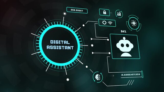 Futuristic HUD screen displaying digital assistant text with glowing AI robot icon, brain symbol, security lock, and cyan technological circuit interface.