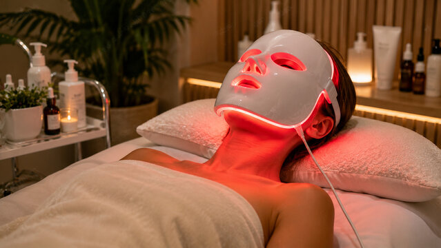 Woman wearing red light therapy LED facial mask during professional anti aging skincare treatment at luxury beauty spa