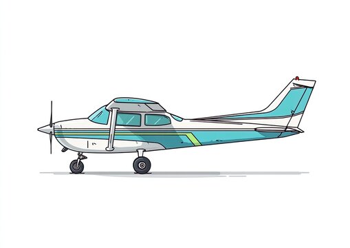 Side view illustration of a small, white and teal airplane, cartoon style
