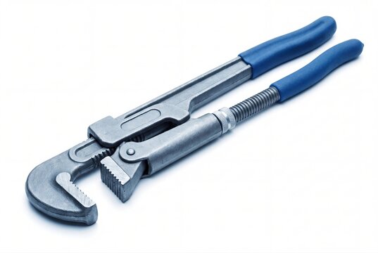 Adjustable pipe wrench plumber tool with blue handles on white studio