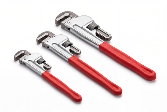 Pipe wrenches set of plumbing tools with red handles isolated on white