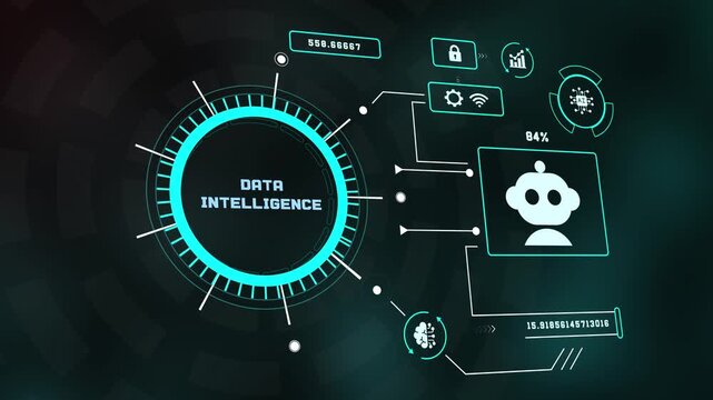 Futuristic HUD tech display featuring data intelligence text with artificial intelligence bot icon, data analytics chart, lock icon, and neon cyan circuits.
